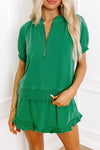 Half Zip Puff Sleeve Top and Ruffled Shorts Set - 3 Colors