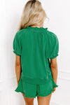 Half Zip Puff Sleeve Top and Ruffled Shorts Set - 3 Colors