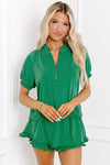 Half Zip Puff Sleeve Top and Ruffled Shorts Set - 3 Colors