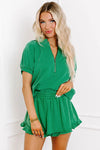 Half Zip Puff Sleeve Top and Ruffled Shorts Set - 3 Colors