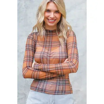 Semi Sheer Check Print Mesh Top Camel