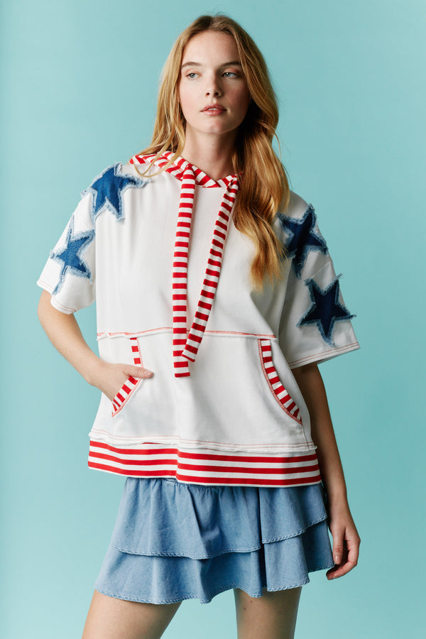 Short Sleeve Star Patch Hoodie Top