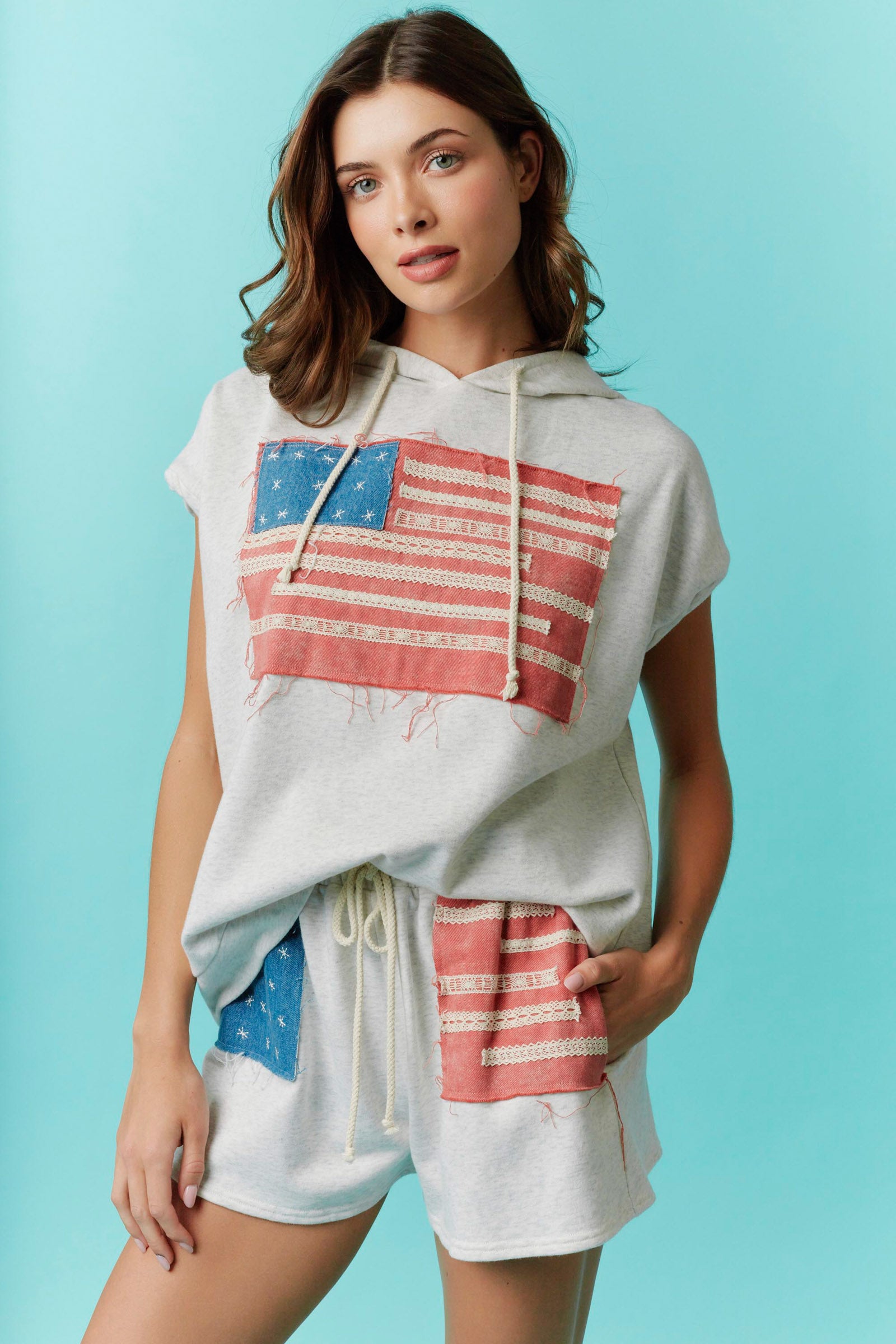 Sleeveless Relaxed Shoulder Muscle Tank Hoodie with Flag Embroidery Detail