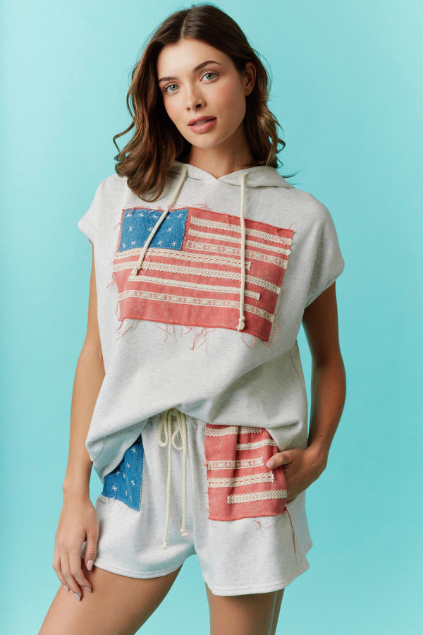 Sleeveless Relaxed Shoulder Muscle Tank Hoodie with Flag Embroidery Detail