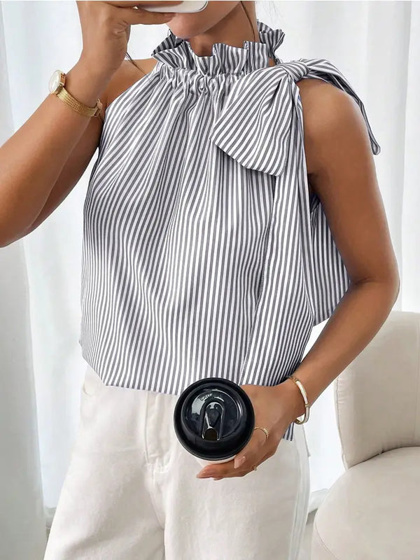 Sleeveless Striped High Neck Knot Sleeveless Top