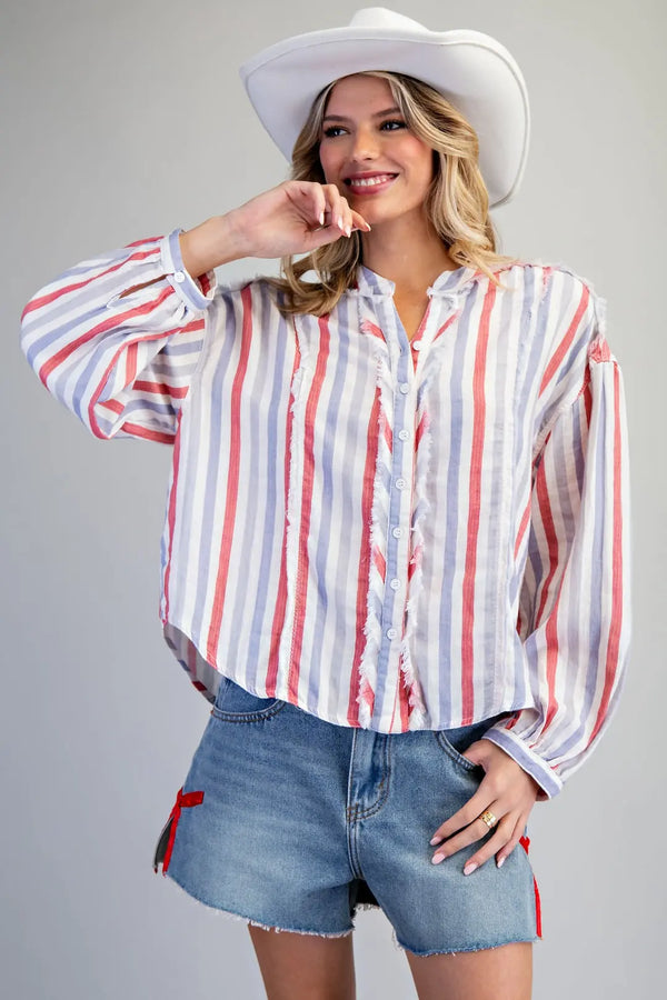 Soft Washed Striped Frayed Trim Shirt