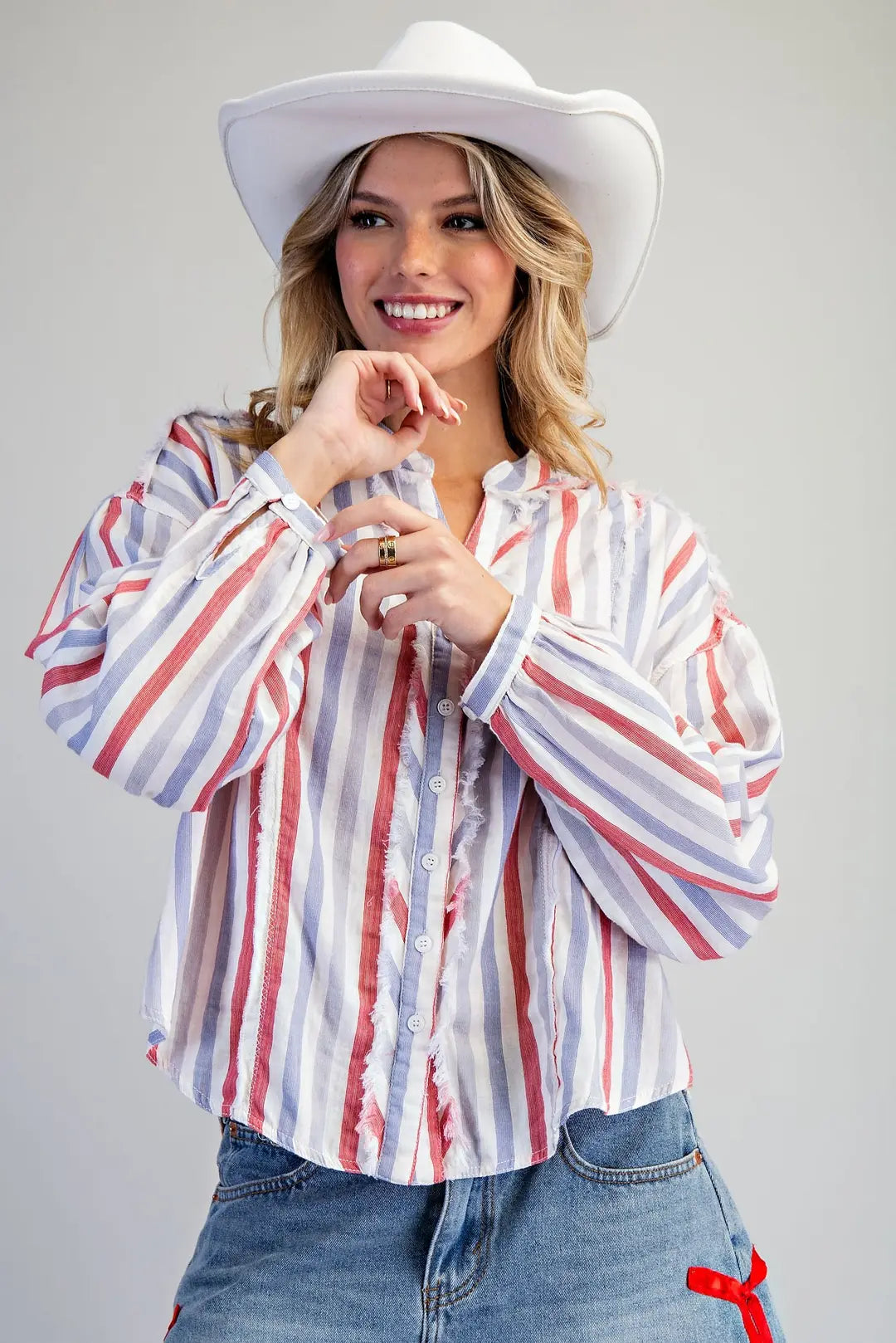 Soft Washed Striped Frayed Trim Shirt