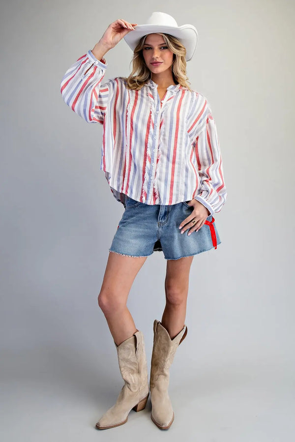 Soft Washed Striped Frayed Trim Shirt