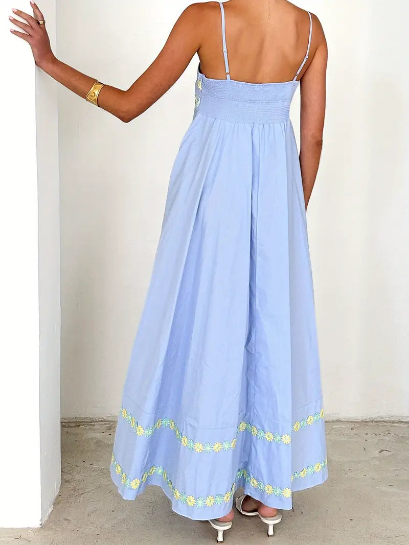 Spaghetti Strap Dresses 3D Flower Design Blue