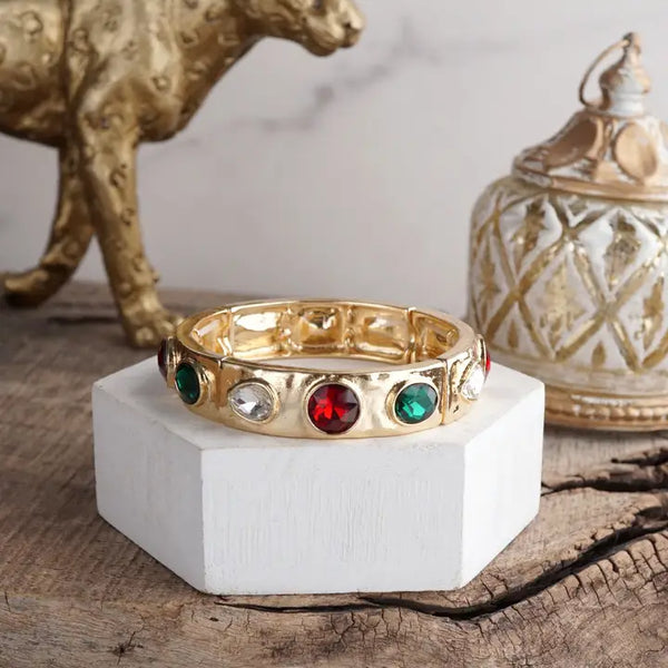 Sparkly Crystal Stretch Bangles – Gold Tone with Holiday Colors