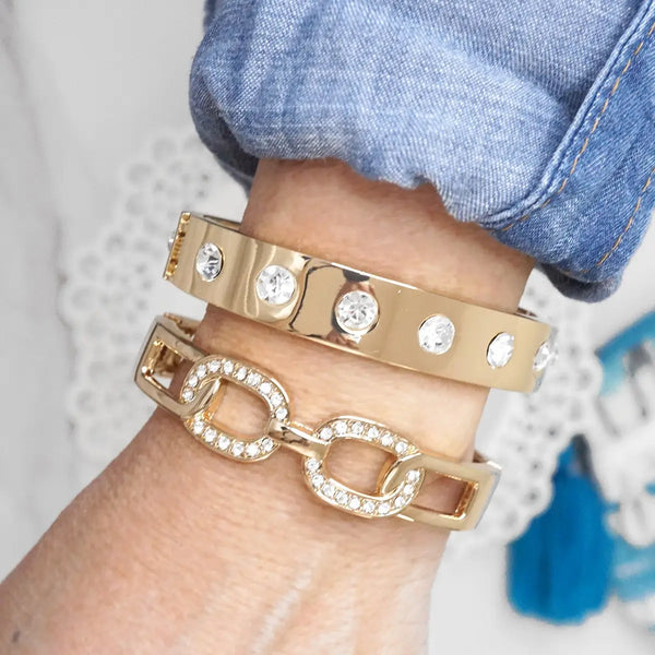 Sparkly Bangles Hinge Link Gold Tone Crystals