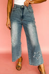 Stone Blue Star Patchwork Cropped Wide Leg High Waist Jeans