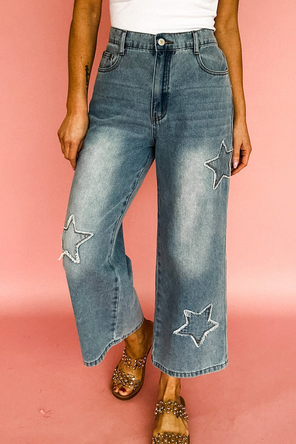 Stone Blue Star Patchwork Cropped Wide Leg High Waist Jeans