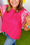 Strawberry Pink Floral Embroidered Flutter Sleeve Pleated O Neck Curvy Fit Blouse