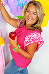 Strawberry Pink Floral Embroidered Flutter Sleeve Pleated O Neck Curvy Fit Blouse