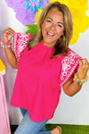 Strawberry Pink Floral Embroidered Flutter Sleeve Pleated O Neck Curvy Fit Blouse
