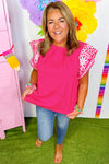 Strawberry Pink Floral Embroidered Flutter Sleeve Pleated O Neck Curvy Fit Blouse