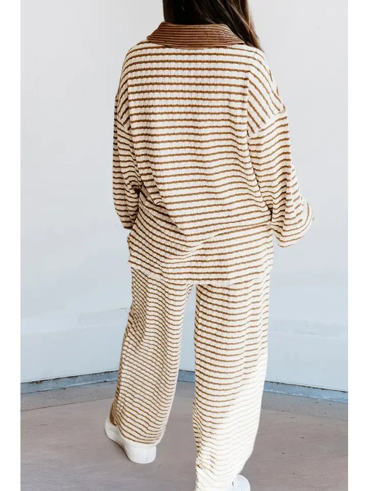 Stripe Collared Pullover & Drawstring Pants Set