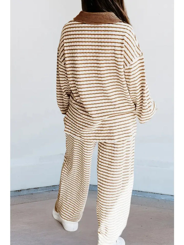 Stripe Collared Pullover & Drawstring Pants Set