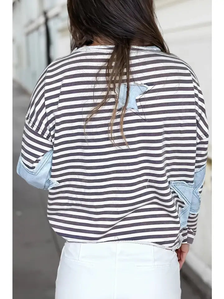Stripe Star Patch Fall Casual Knit Top