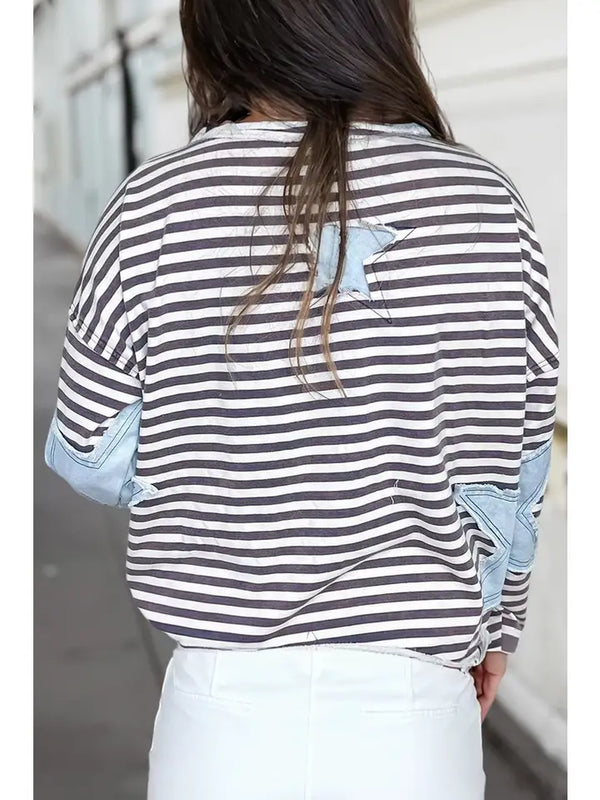 Stripe Star Patch Fall Casual Knit Top