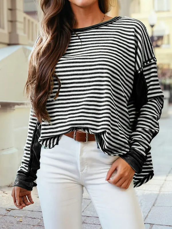 Stripe Patchwork Round Neck Long Sleeve Blouse