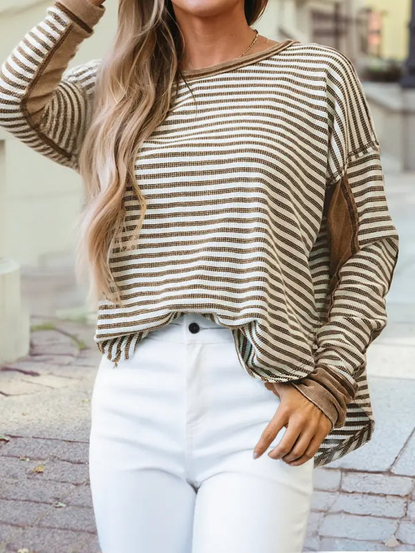 Stripe Patchwork Round Neck Long Sleeve Blouse
