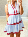 Sleeveless Striped Red Embroidered Side Pocket Mini Dress