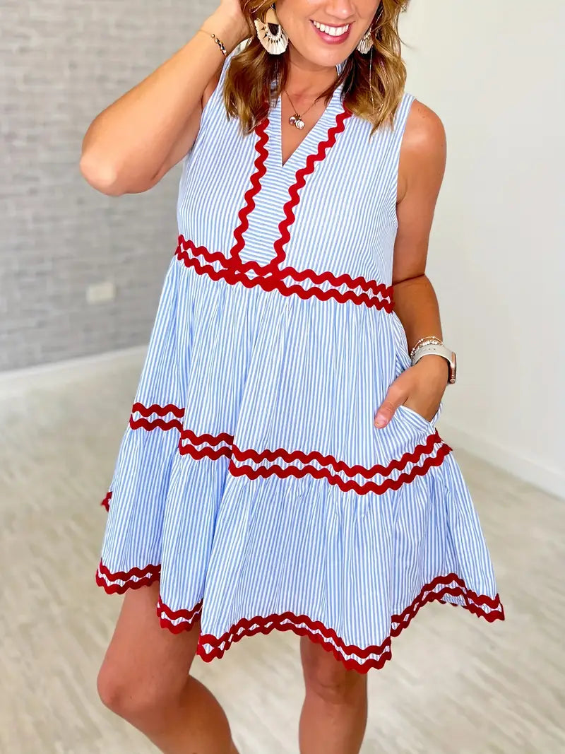 Sleeveless Striped Red Embroidered Side Pocket Mini Dress