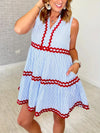 Sleeveless Striped Red Embroidered Side Pocket Mini Dress