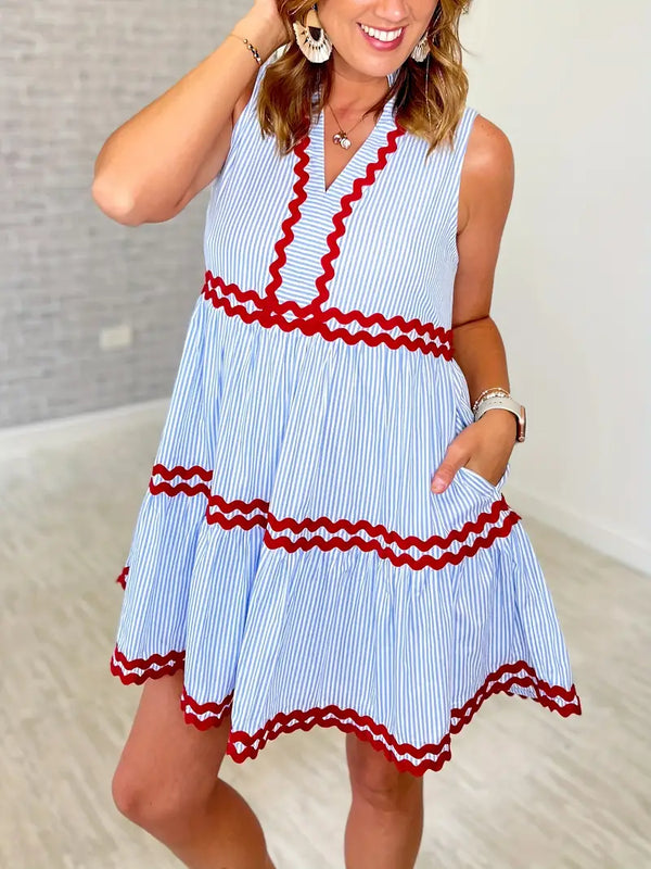 Sleeveless Striped Red Embroidered Side Pocket Mini Dress
