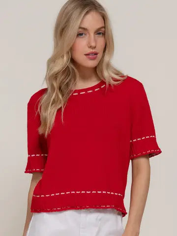 Thread Pop Contrast Sweater, Red