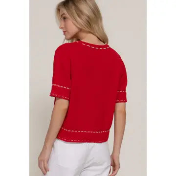 Thread Pop Contrast Sweater, Red