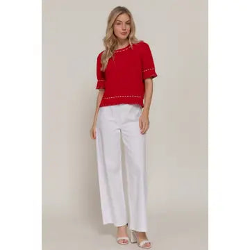Thread Pop Contrast Sweater, Red