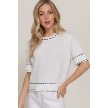 Thread Pop Contrast Sweater, White