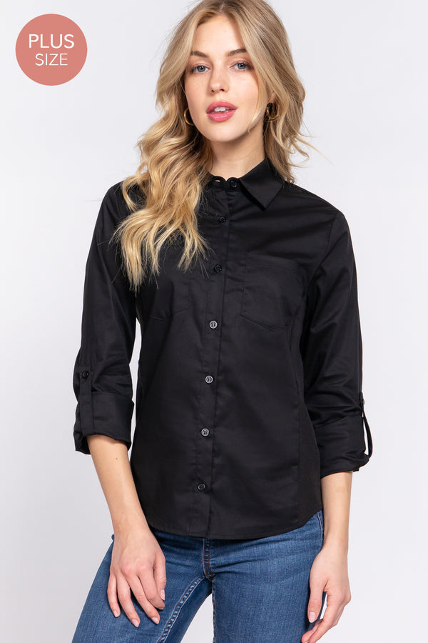 3/4 Roll Up Sleeve Stretch Button Up Shirt