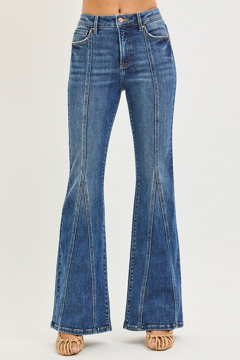 Risen Tummy Control High Rise Flare Jeans with Front Seam Detail