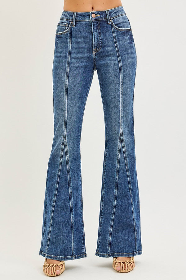 Risen Tummy Control High Rise Flare Jeans with Front Seam Detail