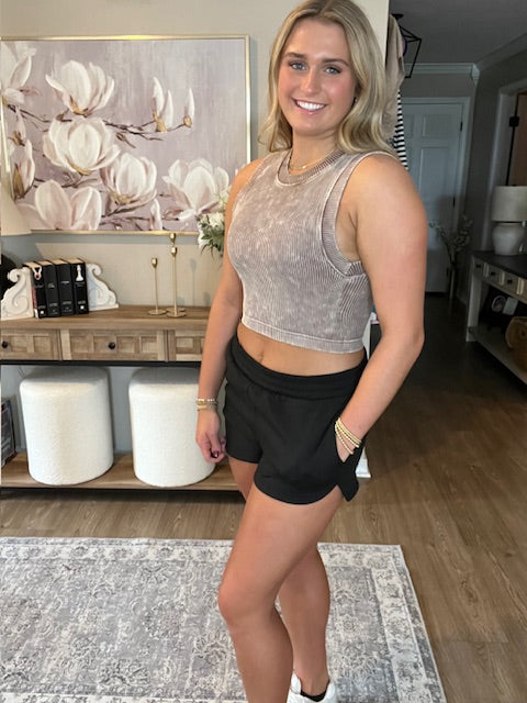 Stone Washed Ribbed Seamless Crop Top With Bra Pad