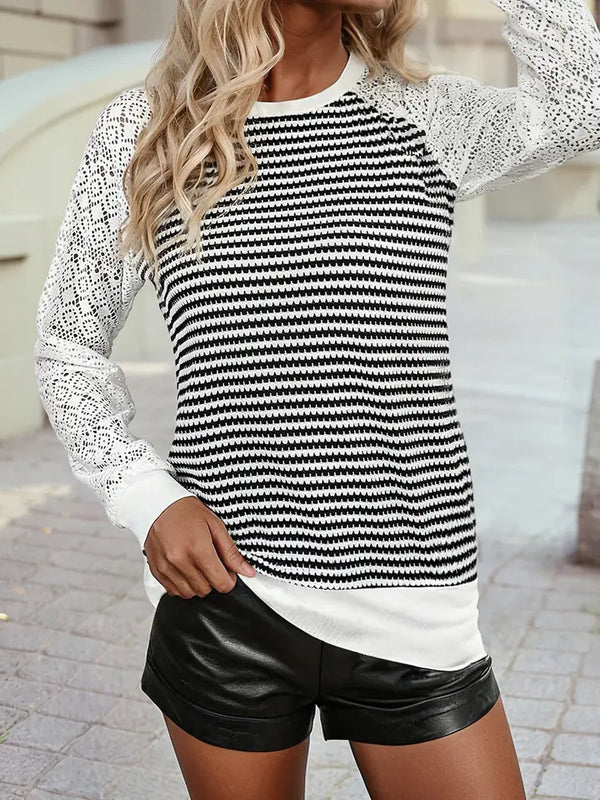 Textured Knit Contrast Hollowed Lace Long Sleeve Top