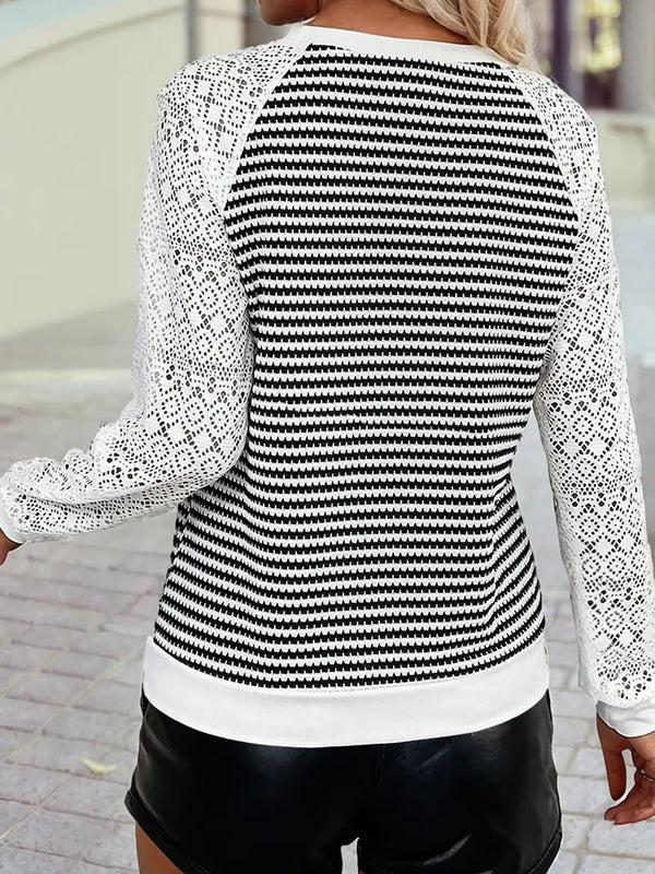 Textured Knit Contrast Hollowed Lace Long Sleeve Top