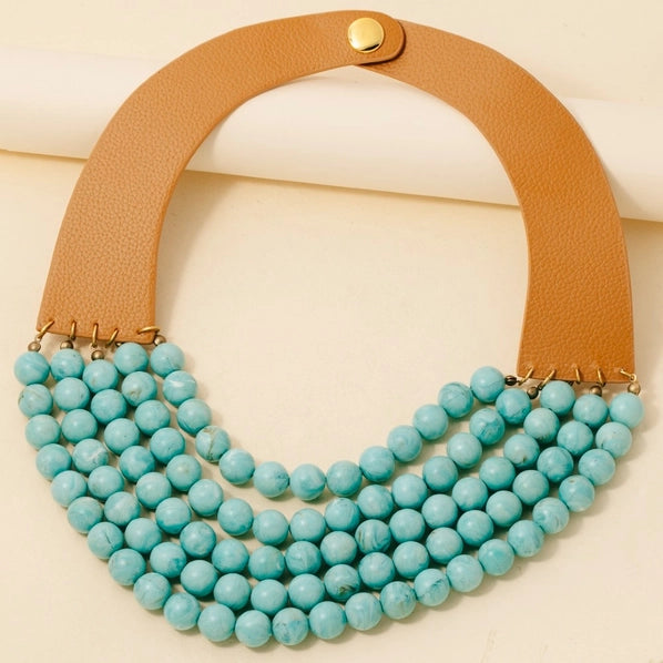 Turquoise Beads and Leather Statement Necklace