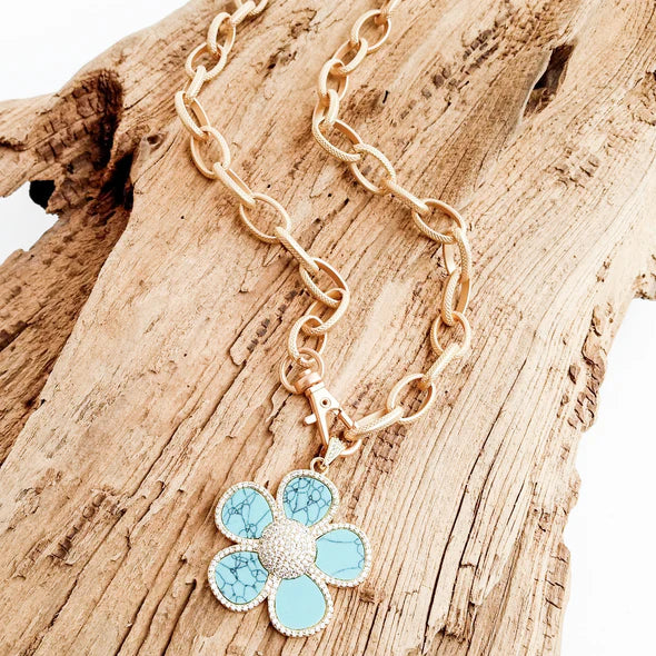 Ornate Flower w CZ Trim Necklace | Turquoise