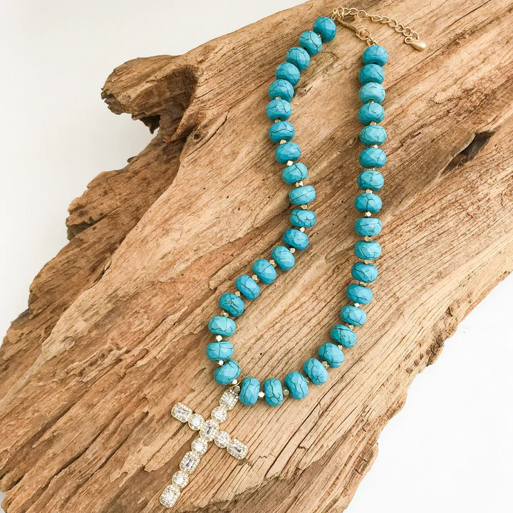 Rhinestone Cross on XL Rondelle Studded Necklace | Turquoise