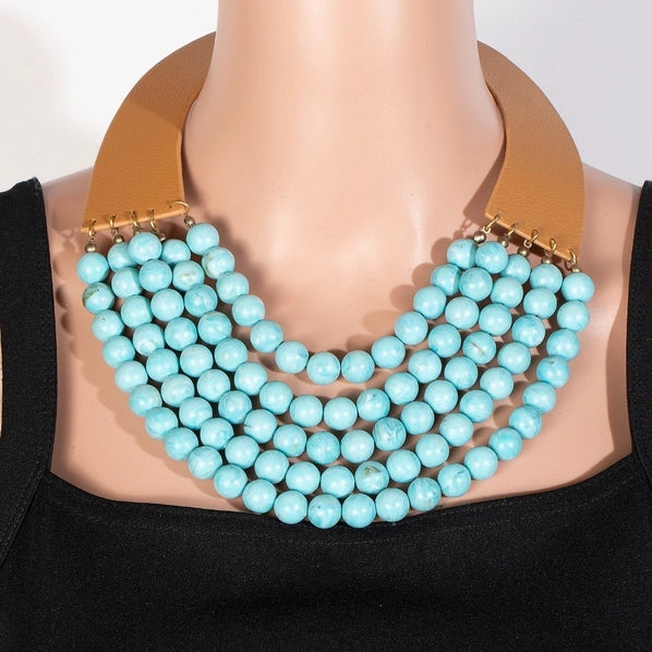 Turquoise Beads and Leather Statement Necklace