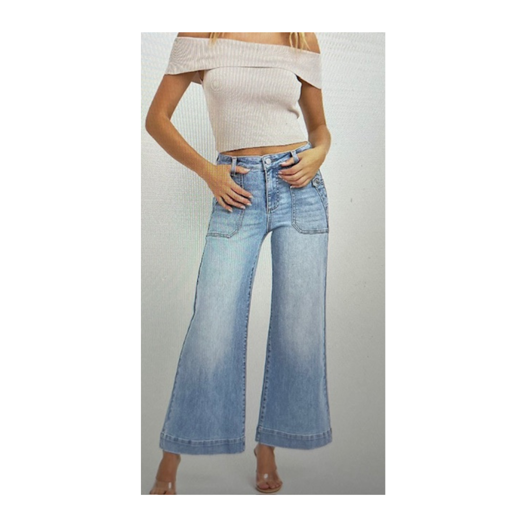 High Rise Ankle Wide Leg Patch Front Pocket Jeans Light