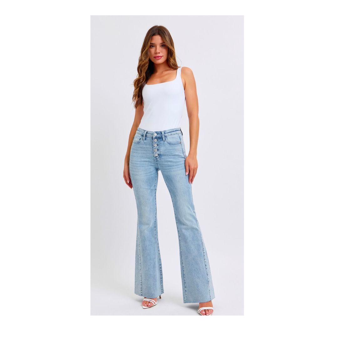Judy Blue Light Wash Rhinestone Side Flare Jeans