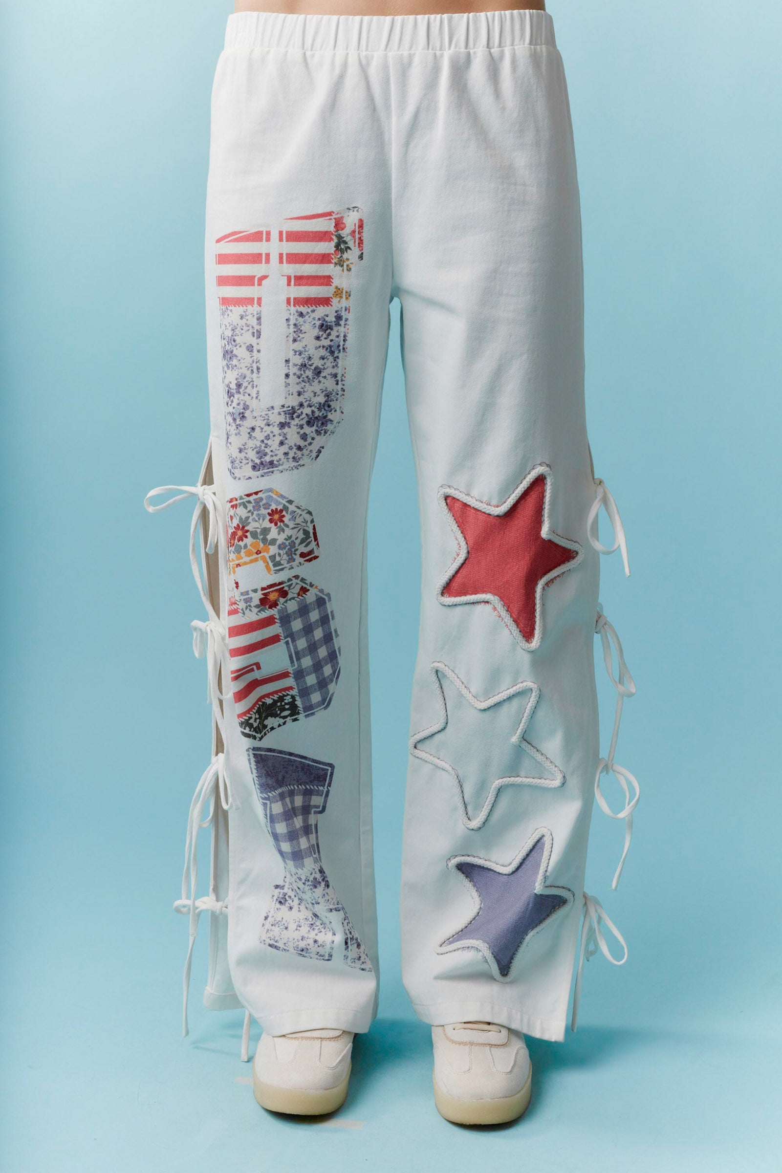 'USA' Graphic Printed Rope Trim with Side Bow Detail Twill Pants