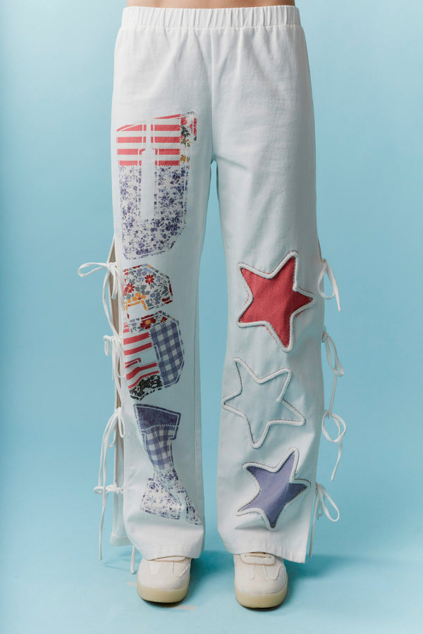 'USA' Graphic Printed Rope Trim with Side Bow Detail Twill Pants