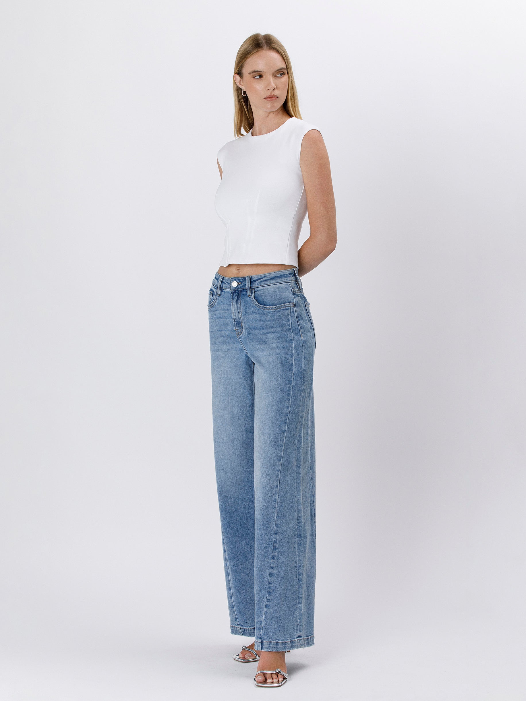 High Rise Seam Detail Palazzo Jeans Vervet